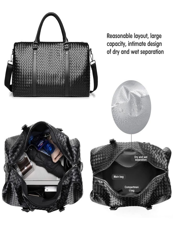 MCWTH Leather Travel Duffle Bag for Men, Woven Carry On Weekender Overnight Bags for Business Sports Gym (Black) - Image 3