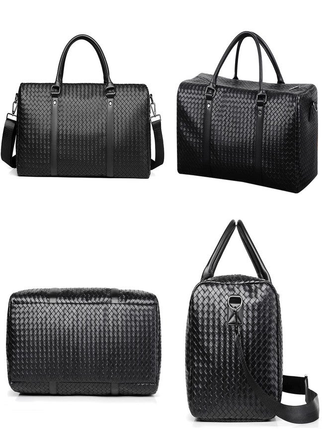 MCWTH Leather Travel Duffle Bag for Men, Woven Carry On Weekender Overnight Bags for Business Sports Gym (Black) - Image 2