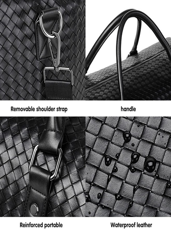 MCWTH Leather Travel Duffle Bag for Men, Woven Carry On Weekender Overnight Bags for Business Sports Gym (Black) - Image 4