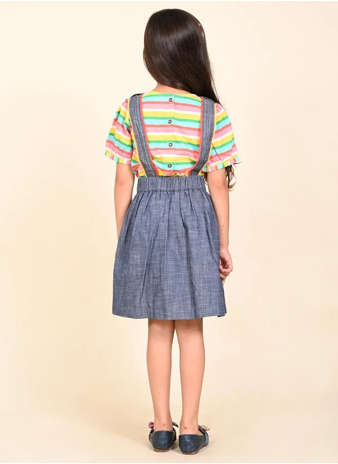 LILPICKS Denim Dungaree Skirt with Printed Top