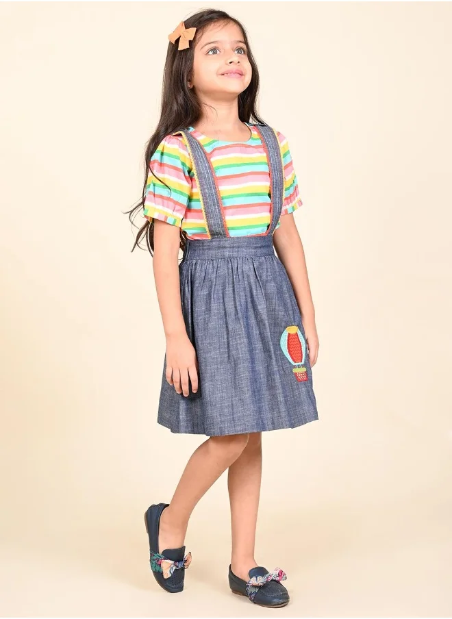 LILPICKS Denim Dungaree Skirt with Printed Top