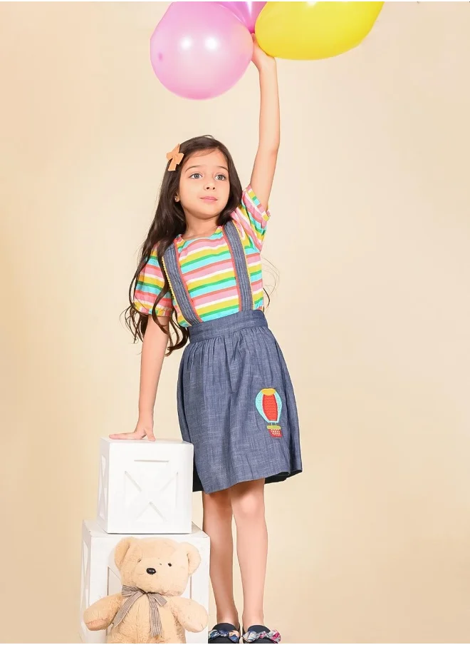 LILPICKS Denim Dungaree Skirt with Printed Top