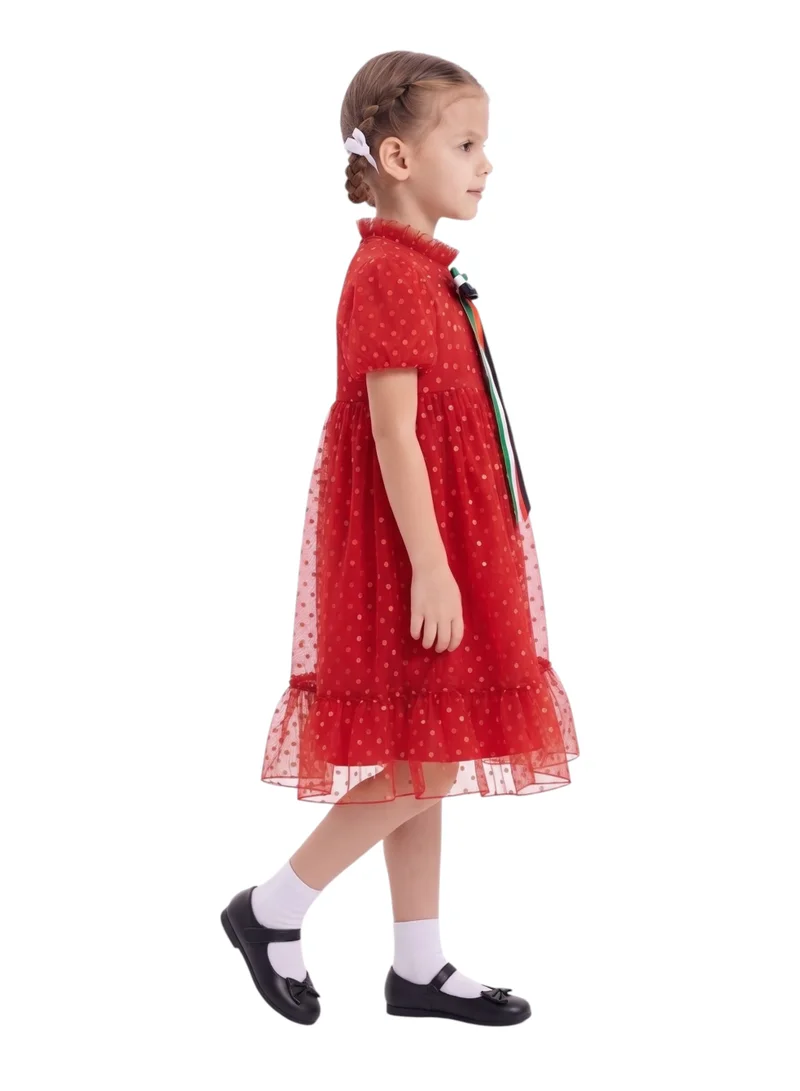 بيداني Girls 2-in-1 Red Polka Dot Tulle Party Dress with Detachable UAE Flag Ribbon Brooch