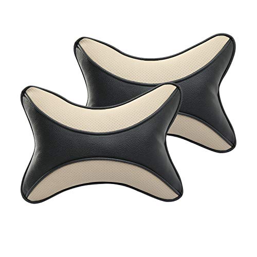 Auto Hub Car Neck Rest Pillow, Car Cushion for All Cars - PU Leather, Pack of 2 (Dotted-Black-Beige) - Image 1