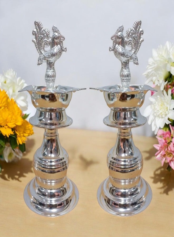 Sigaram 7x3 Inch German Silver Peacock Handle Diya for Home & Temple Festival Décor K4132 - Image 1
