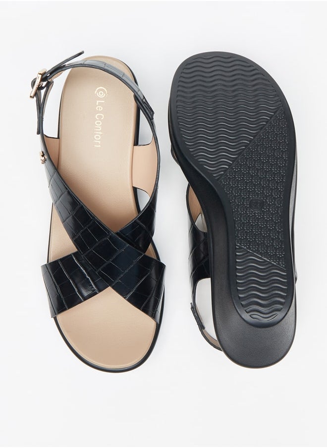 Le Confort - Women's Textured Cross Strap Sandals with Wedge Heels and Buckle Closure - Image 1