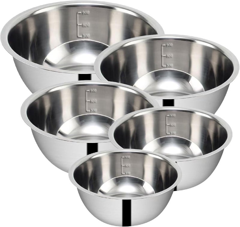 MEETOZ Mixing Bowl Set 5 Stainless Steel Mixing Bowls, Metal Mixing Bowl with Measuring Marking, Stacked Storage Bowl Set Saves Space, for Baking Cooking Serving Food/Salad(0.5L,0.8L,1.55L,2.1L,2.6L) - Image 1
