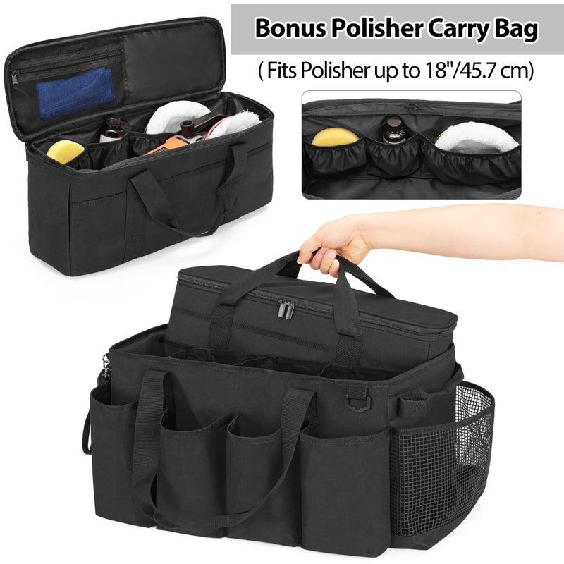 HODRANT Detailing Bag with Polisher Carry Bag, Large Detail Car Care Box for Auto Detailing Supplies, Car Wash Caddy & Trunk Organizer for Buffer Bottle Towel & Cleaning Kit, Black, Patent Design - Image 2