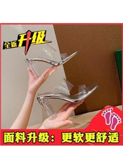 2023 Summer New Style Womens High Heels Sandals One Row Strap Transparent Thick Crystal Heel Outer Wear Slippers Korean Style Silver [5cm]]