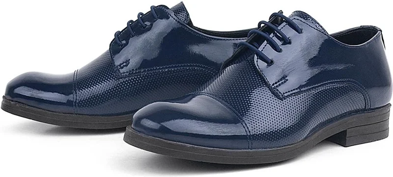 Rakerplus Navy Blue Patent Leather Oxford Lace-Up Classic Kids Shoes