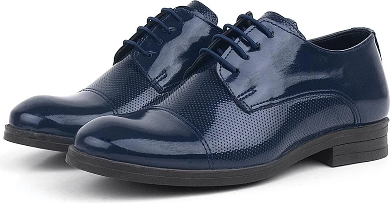 Rakerplus Navy Blue Patent Leather Oxford Lace-Up Classic Kids Shoes