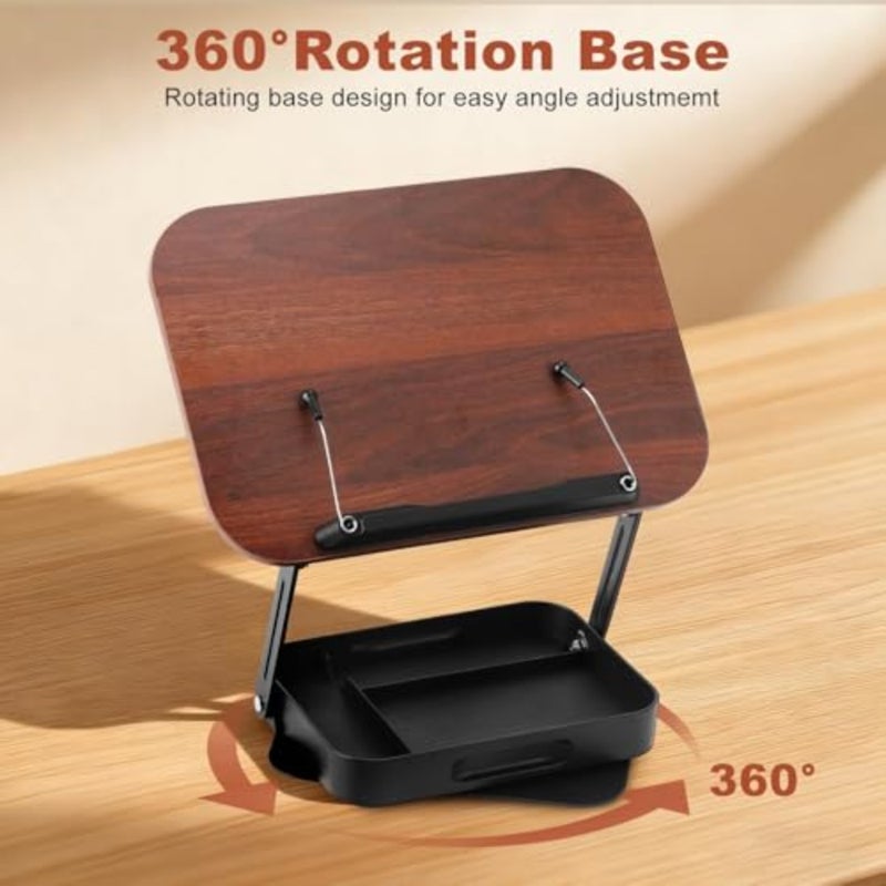 360° Rotating Book Stand for Reading Hands Free, Foldable Carbon Steel Book Holder with Storage Box and Page Clamp, Adjustable Desktop Reading Stand for Cookbook Recipe Book Tablet Brown - Image 5