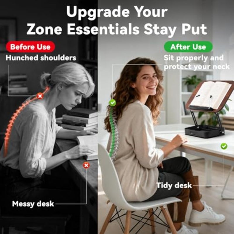 360° Rotating Book Stand for Reading Hands Free, Foldable Carbon Steel Book Holder with Storage Box and Page Clamp, Adjustable Desktop Reading Stand for Cookbook Recipe Book Tablet Brown - Image 3