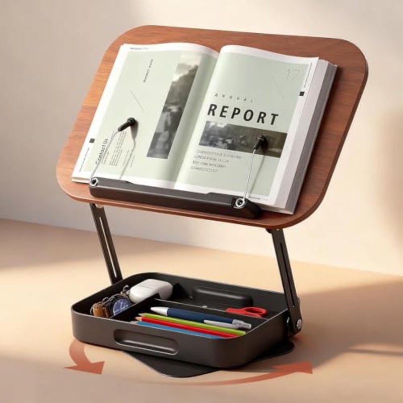 360° Rotating Book Stand for Reading Hands Free, Foldable Carbon Steel Book Holder with Storage Box and Page Clamp, Adjustable Desktop Reading Stand for Cookbook Recipe Book Tablet Brown - Image 1