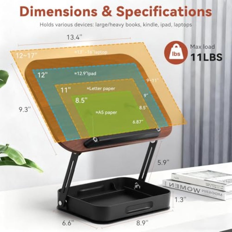 360° Rotating Book Stand for Reading Hands Free, Foldable Carbon Steel Book Holder with Storage Box and Page Clamp, Adjustable Desktop Reading Stand for Cookbook Recipe Book Tablet Brown - Image 2