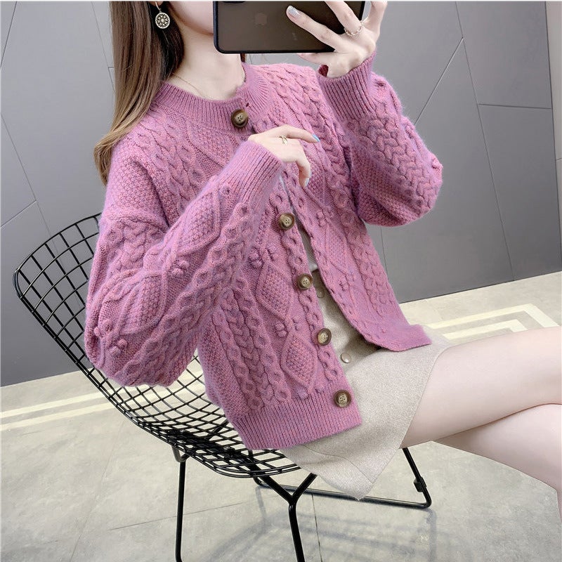 Knitted cardigan spring and autumn 2024 new womens short short womens sweater womens coat foreign style top 1255 Pink