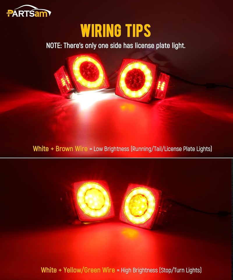 Partsam Led Submersible Trailer Tail Lights Kit, Waterproof 12V Square LED Trailer Lights Halo Glow with Wiring Harness Combination Brake Stop Turn Running License Lights for RV Marine Boat Trailer - Image 3