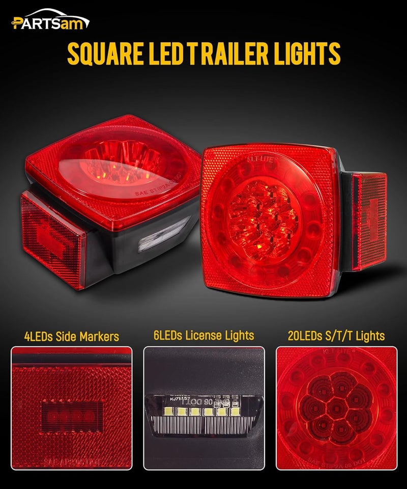 Partsam Led Submersible Trailer Tail Lights Kit, Waterproof 12V Square LED Trailer Lights Halo Glow with Wiring Harness Combination Brake Stop Turn Running License Lights for RV Marine Boat Trailer - Image 4