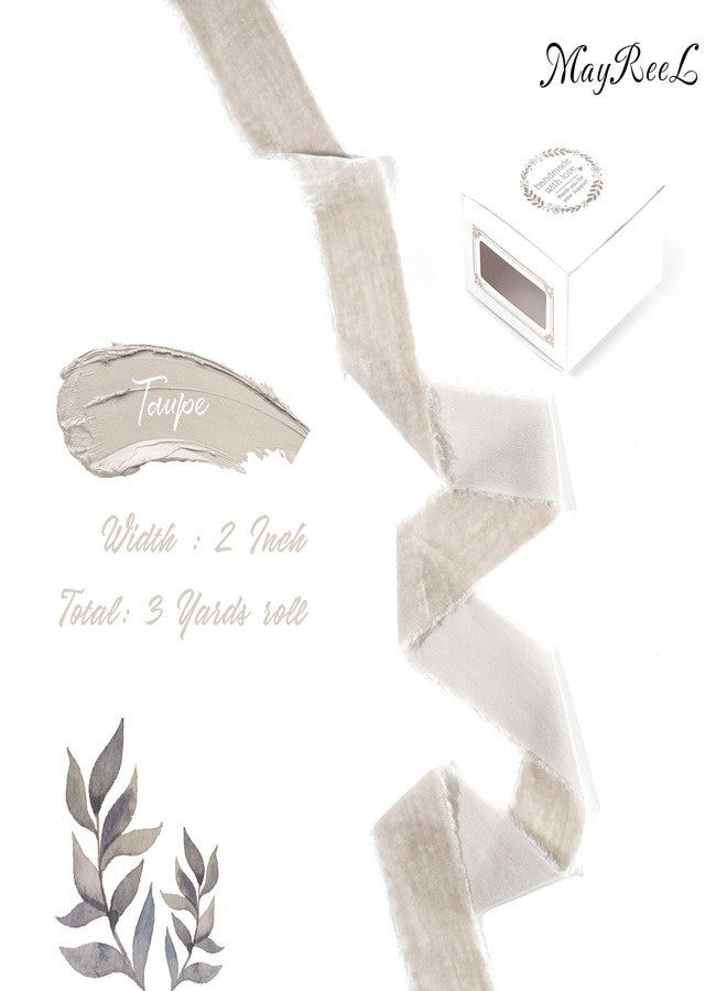 MAYREEL 2 Inch Taupe Velvet Ribbon Hand Torn Beige Silk Frayed Edge Ribbon for Bridal Bouquets Invitations Wedding Vow Books Gift Baskets Hair Bows 3 Yards - Image 2