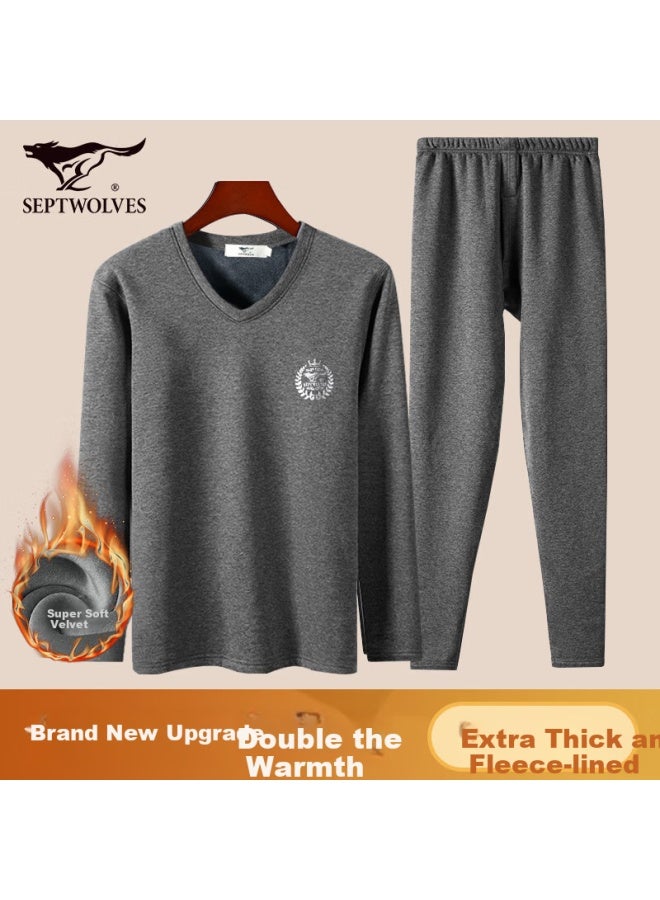 Septwolves Fleece-lined Thermal Underwear For Men, Thickened Autumn And Winter Fashion Invisible V-neck Comfortable Breathable Set - Image 1