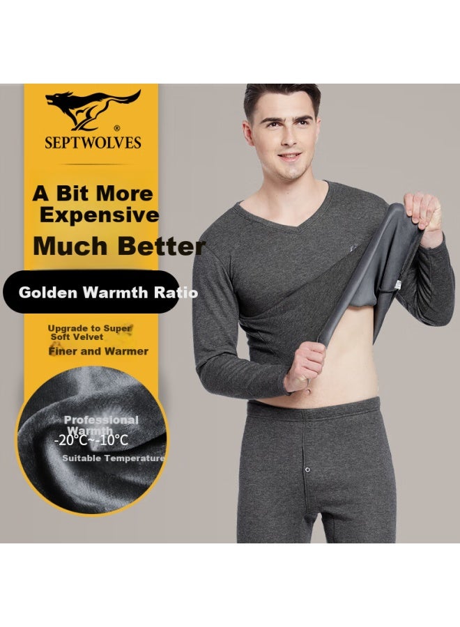 Septwolves Fleece-lined Thermal Underwear For Men, Thickened Autumn And Winter Fashion Invisible V-neck Comfortable Breathable Set - Image 2
