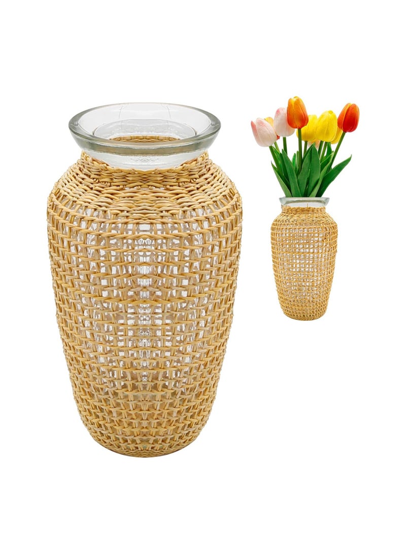 Excefore Straw Woven Glass Vase 7.9''x2.36''x3.5''Boho Glass Flower Vase Country Rustic Style Vase Glass Vase for Floral Arrangements Bottle - Image 1