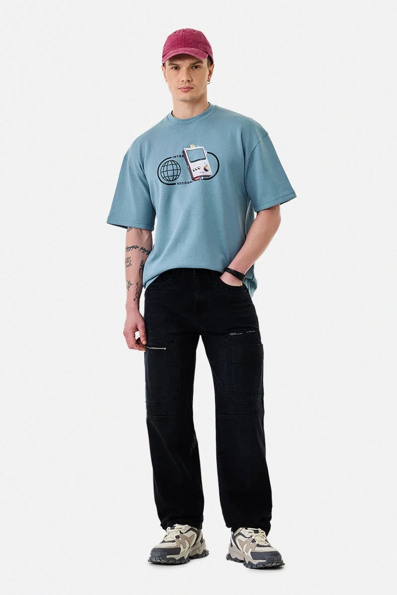 سنيتش Blue Graphic Half Sleeve Oversized Streetwear T-Shirt