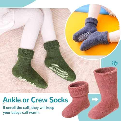 Eocom 6 Pairs Baby Boy Girl Non Slip Socks Child Toddler Winter Thick Soft Wool Kids Warm Socks with Grips (Solid Color B, 1-3T) - Image 4