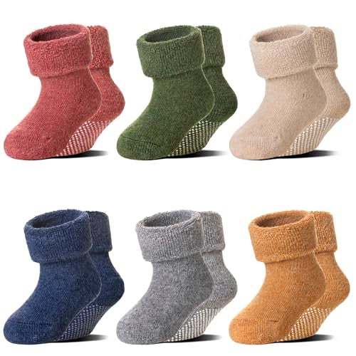 Eocom 6 Pairs Baby Boy Girl Non Slip Socks Child Toddler Winter Thick Soft Wool Kids Warm Socks with Grips (Solid Color B, 1-3T) - Image 1