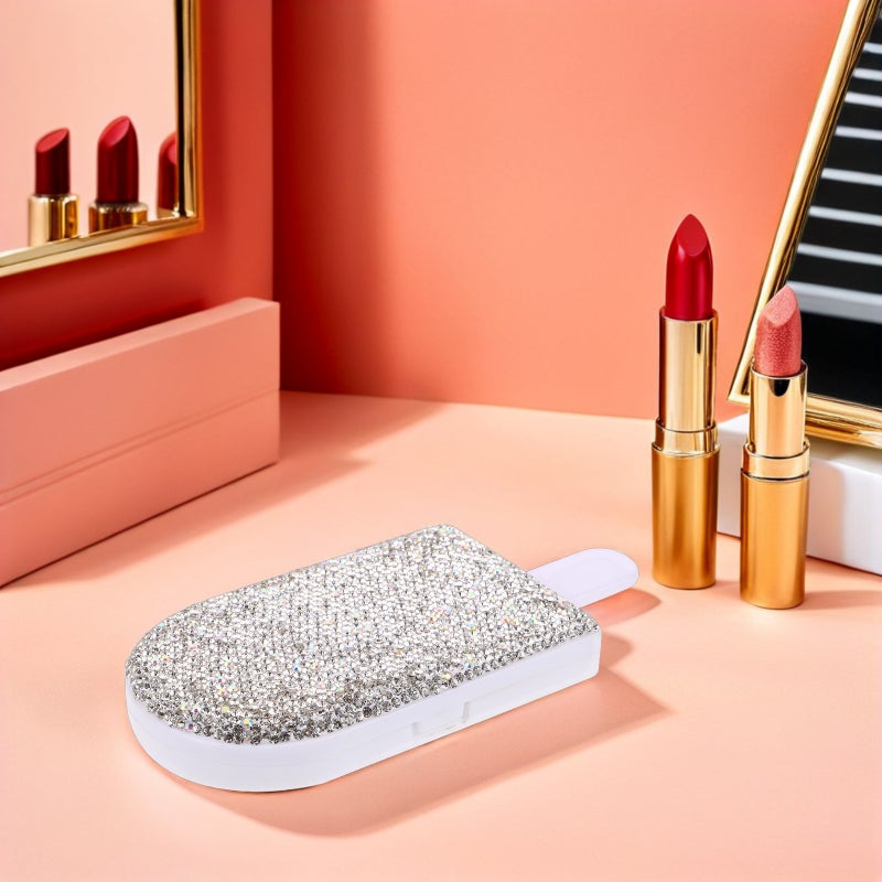 💄 مرآة مكياج قابلة للطي صغيرة بحجم الجيب مصنوعة من مادة البولي يوريثان الفضي مع أحجار الراين للترتيب السريع - Image 2