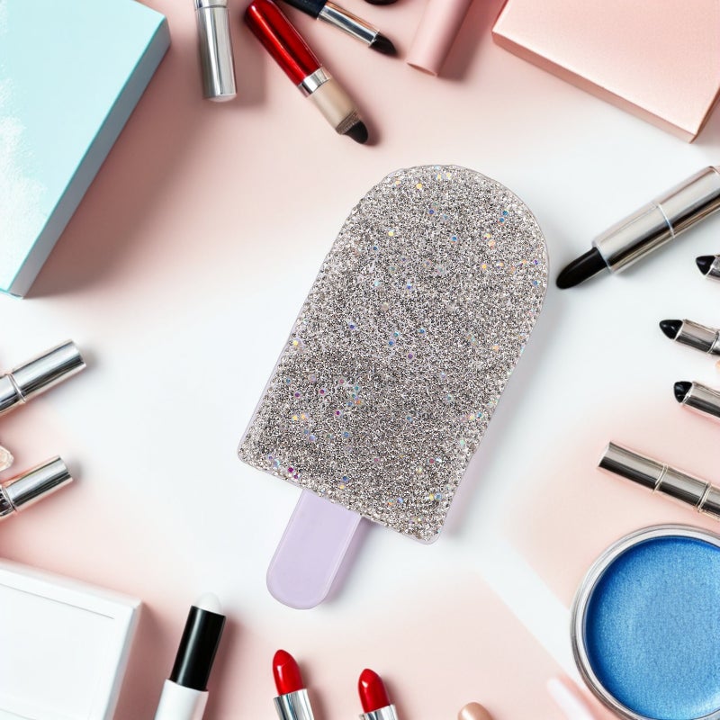 💄 مرآة مكياج قابلة للطي صغيرة بحجم الجيب مصنوعة من مادة البولي يوريثان الفضي مع أحجار الراين للترتيب السريع - Image 5