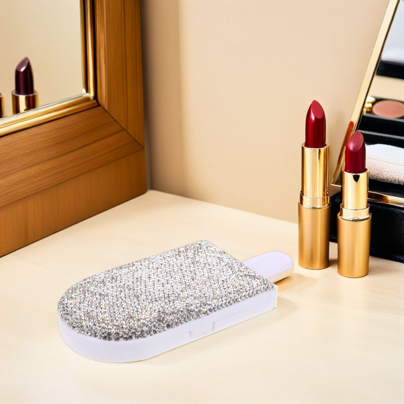 💄 مرآة مكياج قابلة للطي صغيرة بحجم الجيب مصنوعة من مادة البولي يوريثان الفضي مع أحجار الراين للترتيب السريع - Image 3
