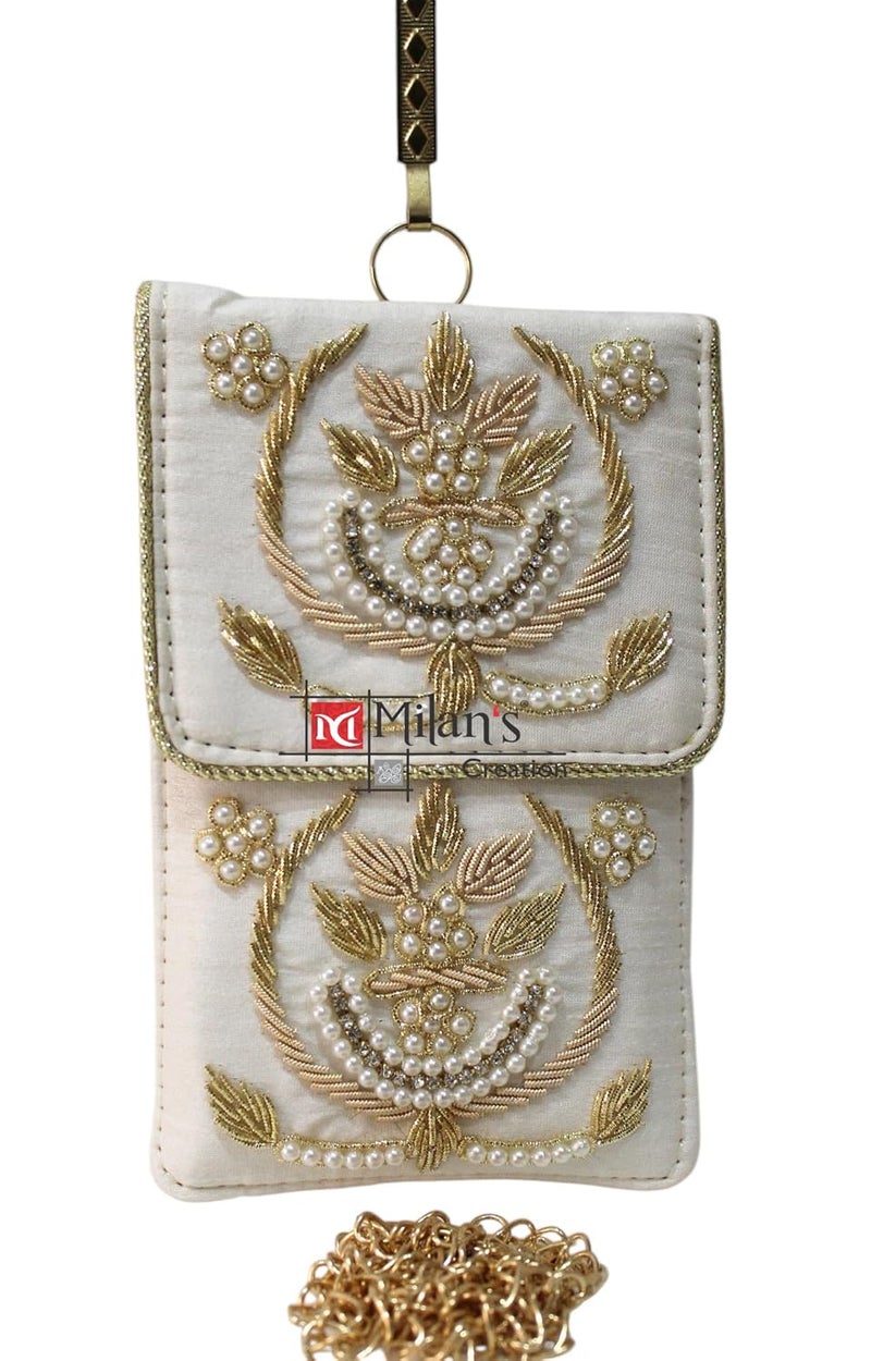 MILAN'S CREATION Exclusive Mobile Pouch Zardozi Hand Embroidery With Waist Clip Hook & Sling Chain (removable) | Ladies Women’s Handbag Wallet Sling Purse | Party Wedding Festival Giveaways Gift | - Image 1