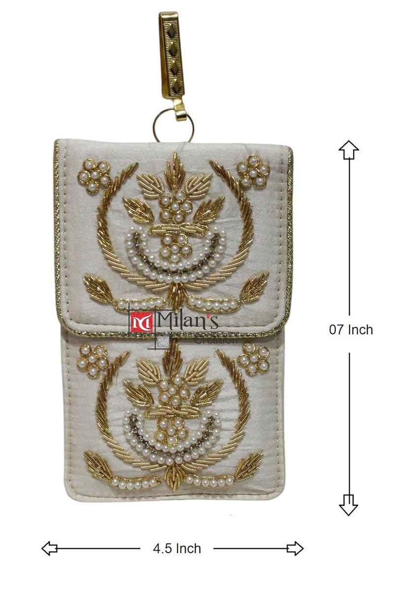 MILAN'S CREATION Exclusive Mobile Pouch Zardozi Hand Embroidery With Waist Clip Hook & Sling Chain (removable) | Ladies Women’s Handbag Wallet Sling Purse | Party Wedding Festival Giveaways Gift | - Image 4