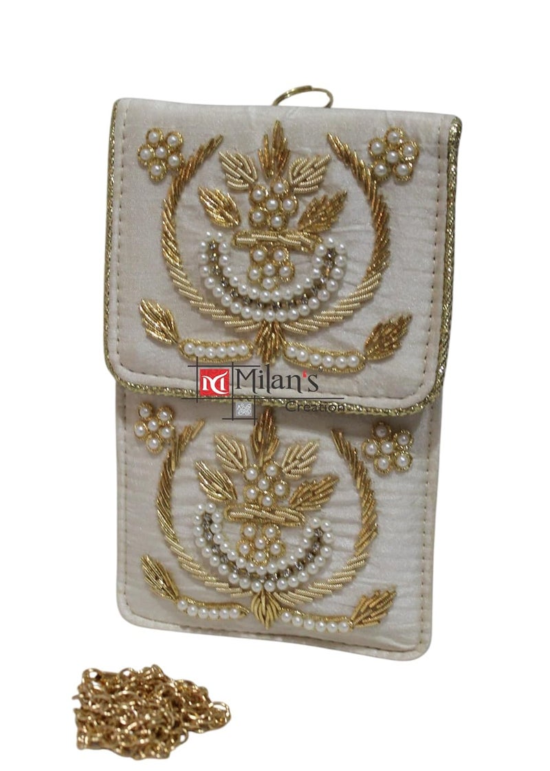 MILAN'S CREATION Exclusive Mobile Pouch Zardozi Hand Embroidery With Waist Clip Hook & Sling Chain (removable) | Ladies Women’s Handbag Wallet Sling Purse | Party Wedding Festival Giveaways Gift | - Image 2