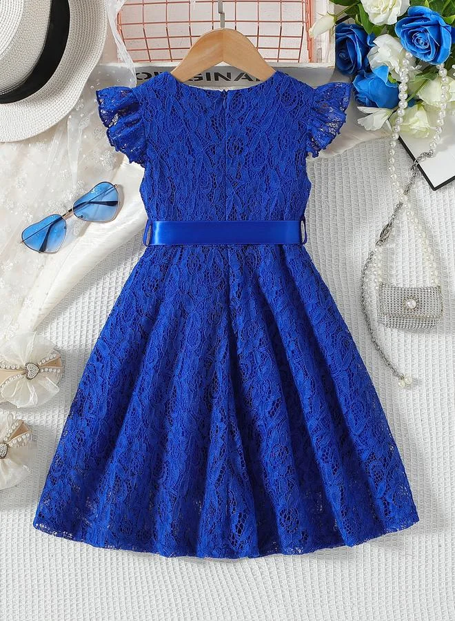 Take Two Take Two Lace Round Neck Bow Detail Ruffle Hem Knee Length Dress