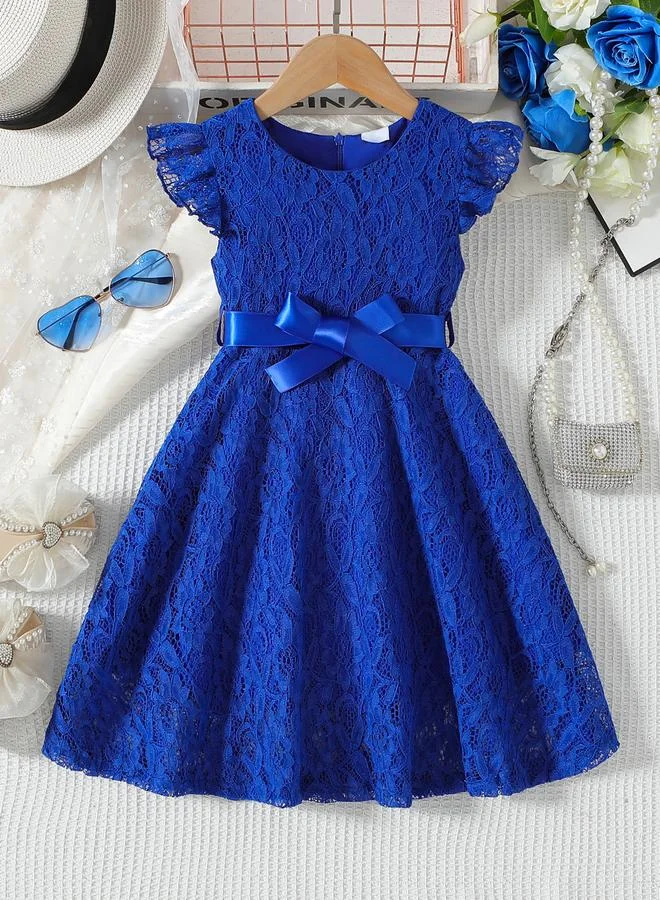Take Two Take Two Lace Round Neck Bow Detail Ruffle Hem Knee Length Dress