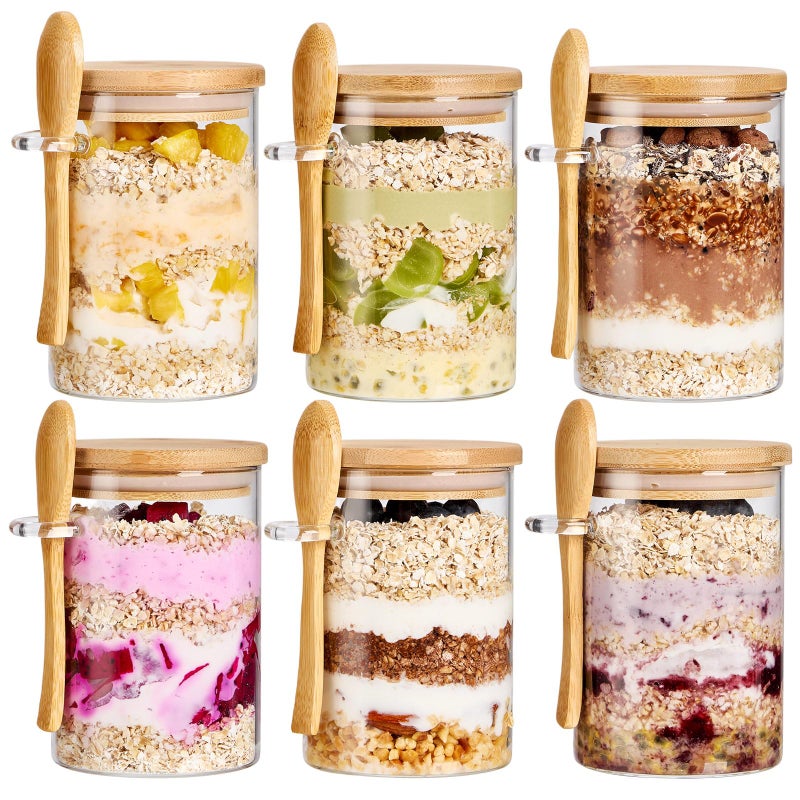 Spreccio 6 Pack Overnight Oats Containers with Bamboo Lids and Spoons 22 oz Airtight Glass Jars with Lid Meal Prep Jars for Chia Pudding Yogurt Salad Cereal Coffee Flour Food Storage Canister - Image 2