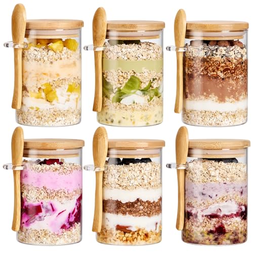 Spreccio 6 Pack Overnight Oats Containers with Bamboo Lids and Spoons 22 oz Airtight Glass Jars with Lid Meal Prep Jars for Chia Pudding Yogurt Salad Cereal Coffee Flour Food Storage Canister - Image 1
