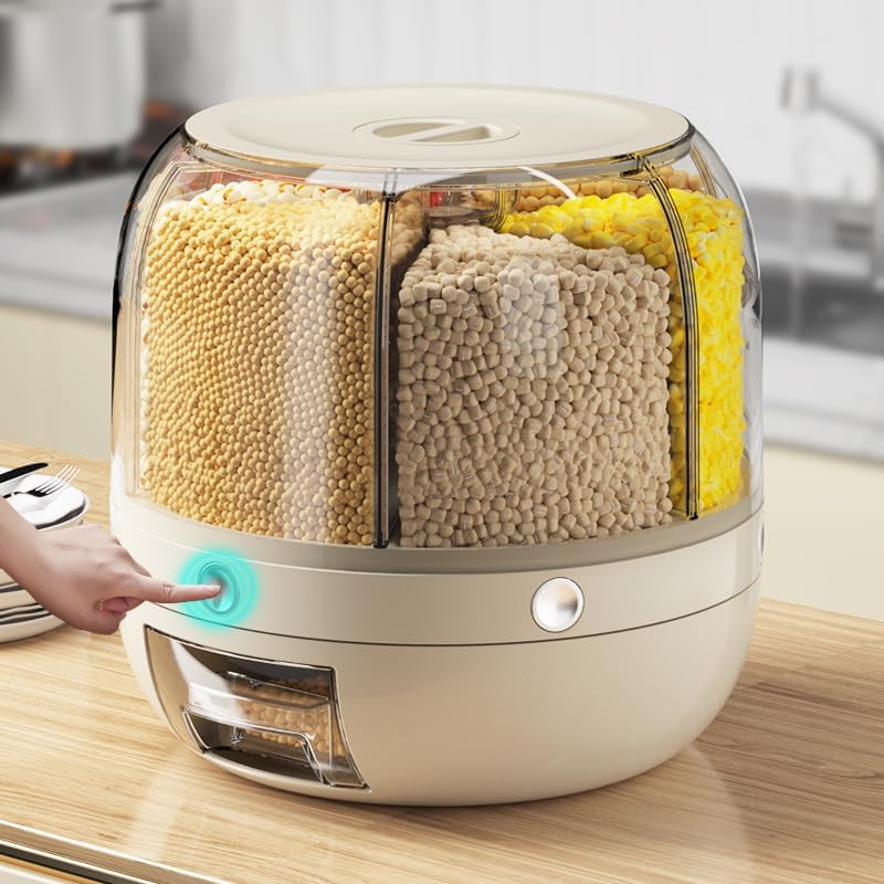 proxin Rotating Rice Dispencer, 360° Rotating 6 Grid Cereal Dispenser, Dry Food Dispenser with Automatic Distribution System, Rice Storage Container Kitchen, Storage Box - Image 1
