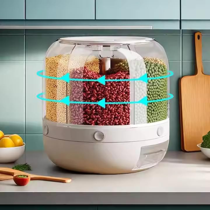 proxin Rotating Rice Dispencer, 360° Rotating 6 Grid Cereal Dispenser, Dry Food Dispenser with Automatic Distribution System, Rice Storage Container Kitchen, Storage Box - Image 3