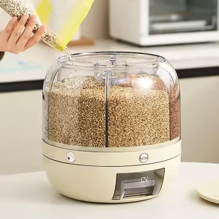 proxin Rotating Rice Dispencer, 360° Rotating 6 Grid Cereal Dispenser, Dry Food Dispenser with Automatic Distribution System, Rice Storage Container Kitchen, Storage Box - Image 5