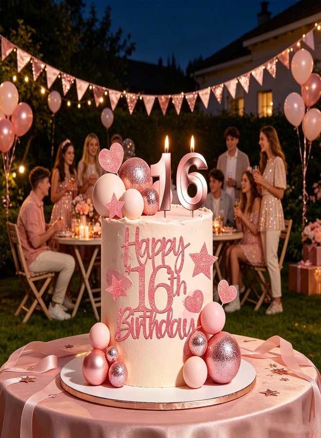 RASSLISA Rose Gold Glitter 16th Birthday Cake Topper Set, Happy Sweet 16 Cake Decorations with Number 16 Candles Ball Star Heart Picks, Girls 16 Year Old Birthday Party Cake Decor Supplies (Rose Gold) - Image 4