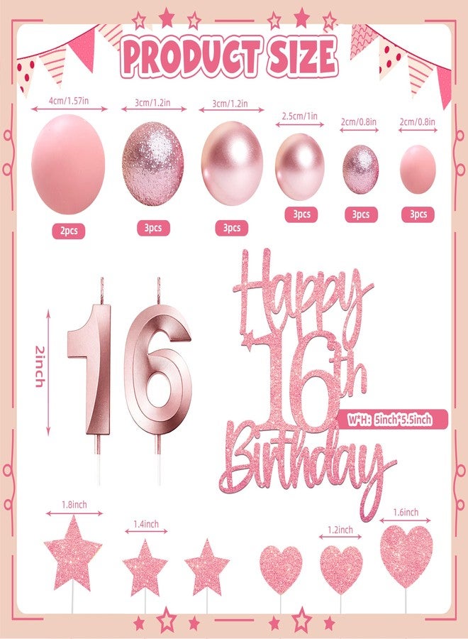 RASSLISA Rose Gold Glitter 16th Birthday Cake Topper Set, Happy Sweet 16 Cake Decorations with Number 16 Candles Ball Star Heart Picks, Girls 16 Year Old Birthday Party Cake Decor Supplies (Rose Gold) - Image 2