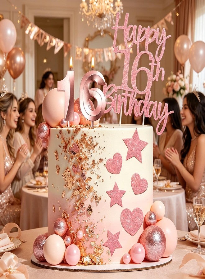 RASSLISA Rose Gold Glitter 16th Birthday Cake Topper Set, Happy Sweet 16 Cake Decorations with Number 16 Candles Ball Star Heart Picks, Girls 16 Year Old Birthday Party Cake Decor Supplies (Rose Gold) - Image 5