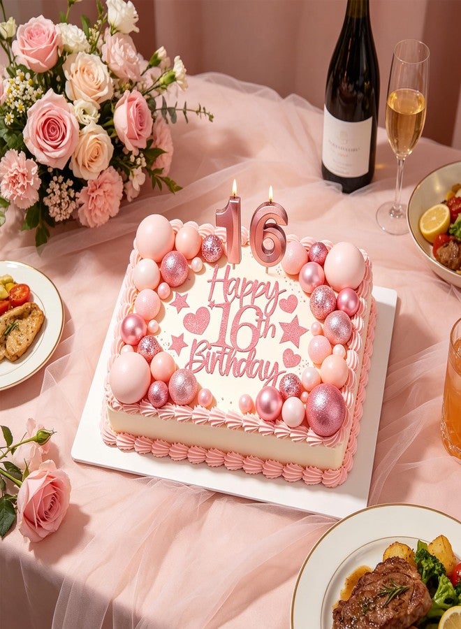 RASSLISA Rose Gold Glitter 16th Birthday Cake Topper Set, Happy Sweet 16 Cake Decorations with Number 16 Candles Ball Star Heart Picks, Girls 16 Year Old Birthday Party Cake Decor Supplies (Rose Gold) - Image 3