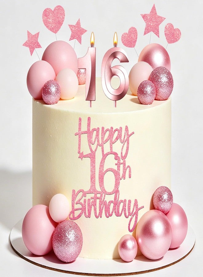RASSLISA Rose Gold Glitter 16th Birthday Cake Topper Set, Happy Sweet 16 Cake Decorations with Number 16 Candles Ball Star Heart Picks, Girls 16 Year Old Birthday Party Cake Decor Supplies (Rose Gold) - Image 1