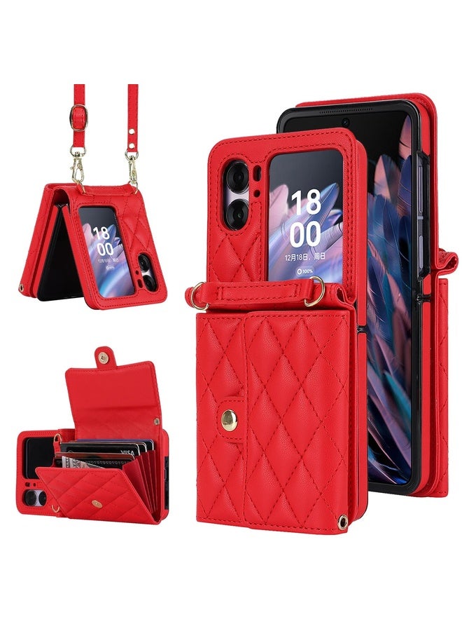 HuHa Case Cover For OPPO Find N2 Flip Rhombic Texture Card Bag PU Phone Case with Long Lanyard(Red) - Image 1