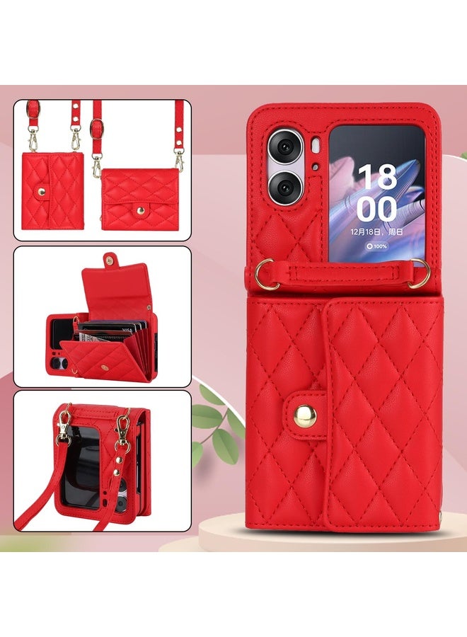 HuHa Case Cover For OPPO Find N2 Flip Rhombic Texture Card Bag PU Phone Case with Long Lanyard(Red) - Image 2