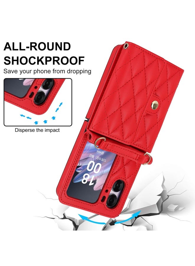 HuHa Case Cover For OPPO Find N2 Flip Rhombic Texture Card Bag PU Phone Case with Long Lanyard(Red) - Image 4